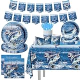 Fishing Party Decorations-142pcs Gone Fishing Party Plates, Disposable Boats Nautical Fishing Birthday Plates Napkins Cups for Boy Girl Gone Fishing Party Decor Gone Fishing Birthday Party Supplies