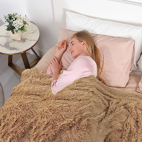 Image of Tuddrom Decorative Extra Soft Faux Fur Blanket Twin Size,Solid Reversible Fuzzy Lightweight Long Hair Shaggy Blanket,Fluffy Plush Fleece Comfy Microfiber Throw Blanket for Couch Sofa Bed,Camel