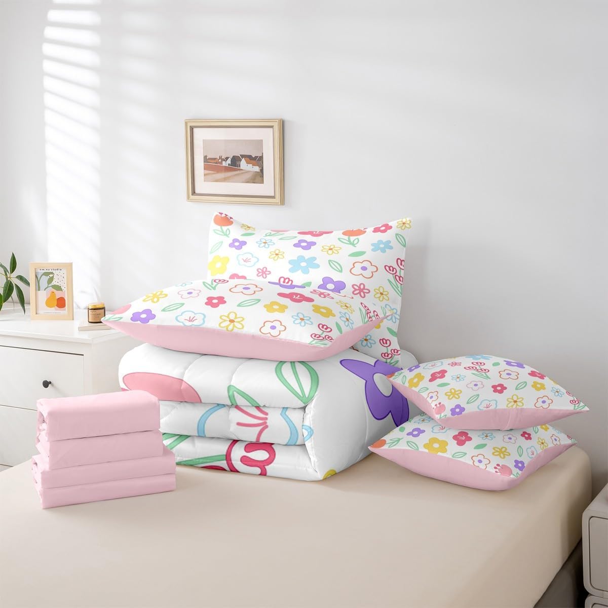 Feelyou Cute Flower 7 Piece Bedding Set Colorful Floral Comforter Set with Sheets for Kids Boys Girls Cartoon Hand-Drawn Bed in a Bag Botanical Decor Bed Set Soft Lightweight