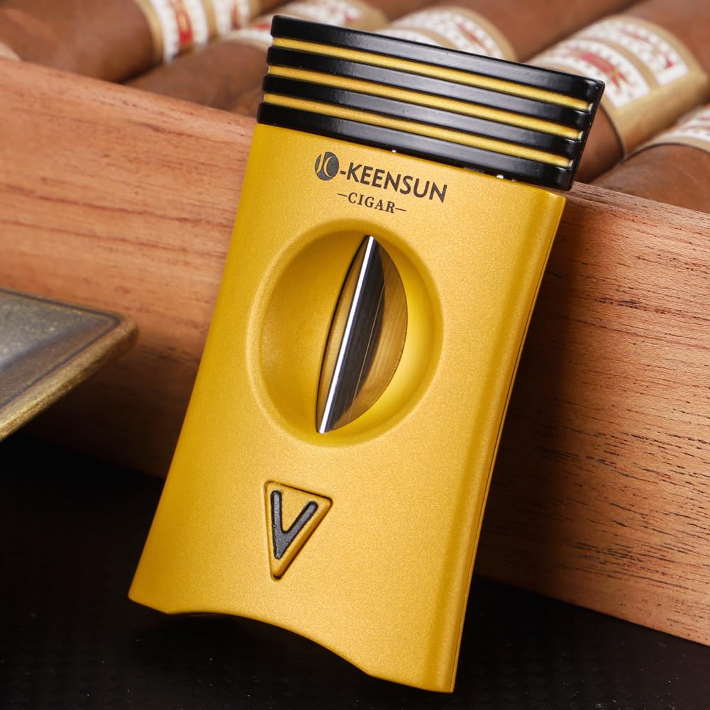 KEENSUN 3-in-1 Zinc Alloy V-Cut Cigar Cutter (Deep Yellow) with Cigar Holder on The Back and Cigar Punch at The Bottom - Image 2