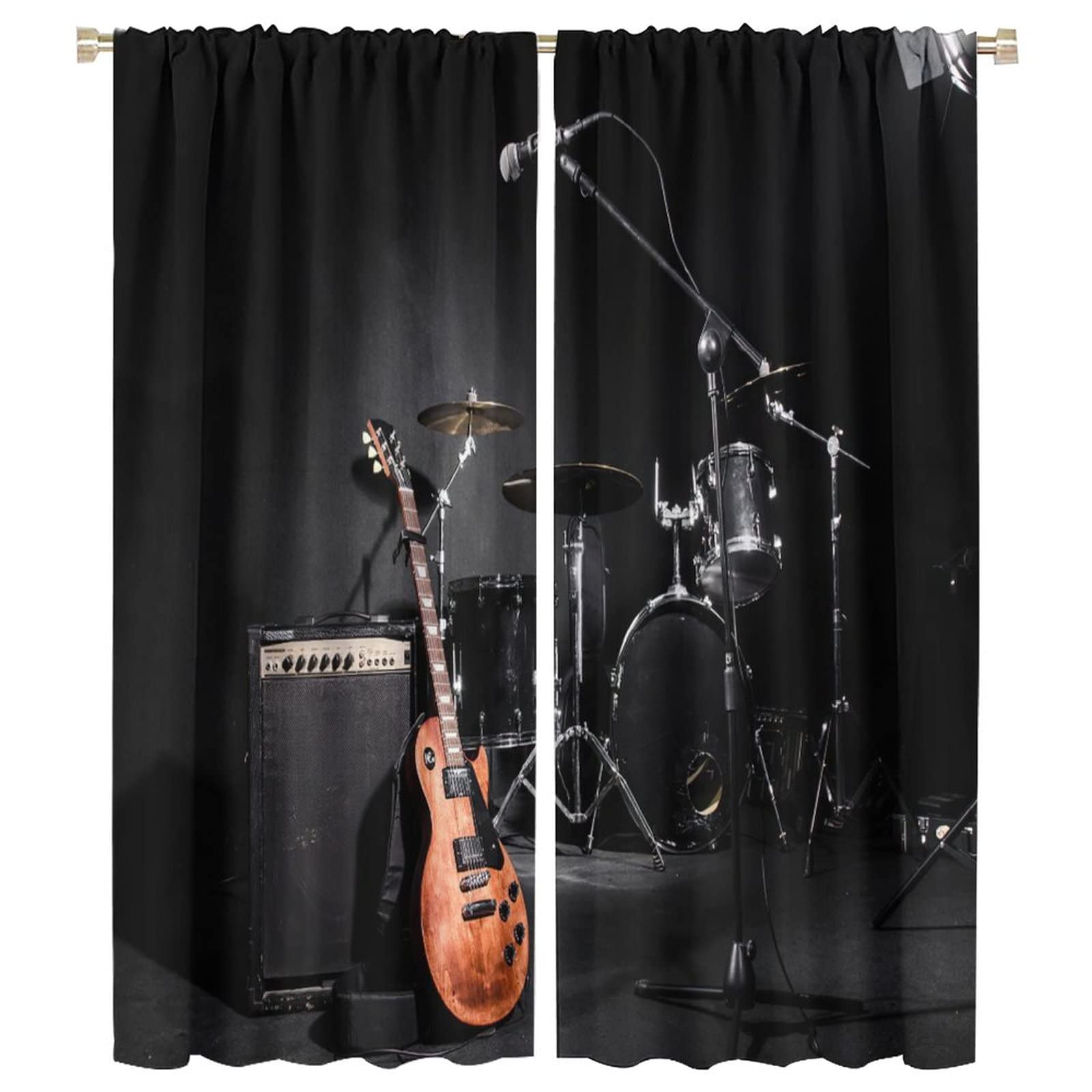 Rock Music Blackout Curtain,Guitars Jazz Music Theme Blackout Rod Pocket Window Drapes for Teens Boys Bedroom Living Room Decor W42xL54in
