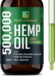 Field of Green Hempseed Oil - Super Concentrate Grown & Made in Canada | 500,000 | mg Anti-Anxiety and Anti-Stress, Natural Dietary Supplement, Rich in Omega 3&6 Fatty Acids for Skin & Heart Health. Certified Organic and non-GMO.
