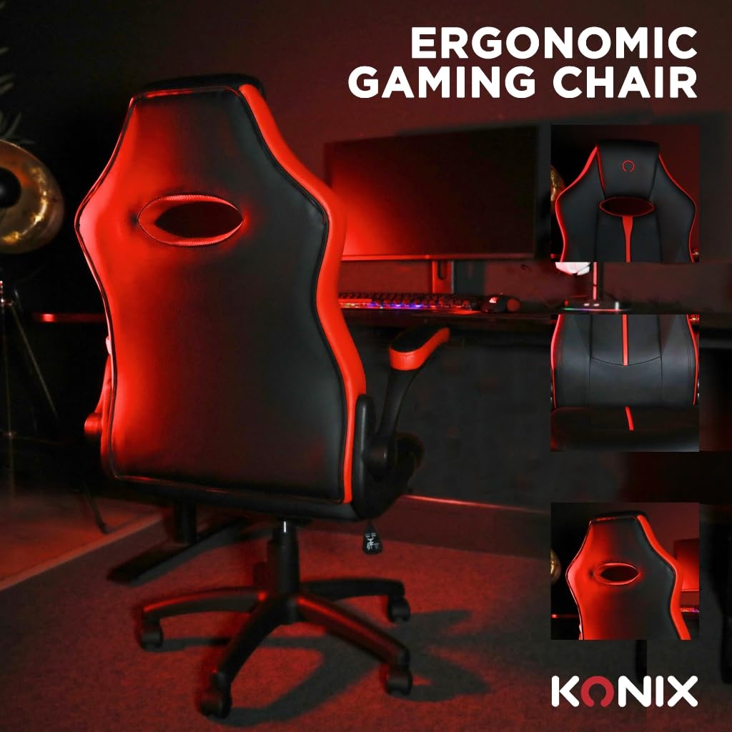 Konix Silla de oficina gaming Omega - Inclinación del asiento de 15° - Revestimiento de cuero sintético PVC - Negro y rojo