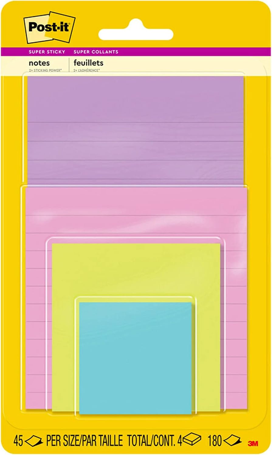Post-it Super Sticky Notes, Assorted Sizes, 4 Pads, 2x the Sticking Power, Supernova Neons, Neon Colors, Recyclable (4622-SSMIA)