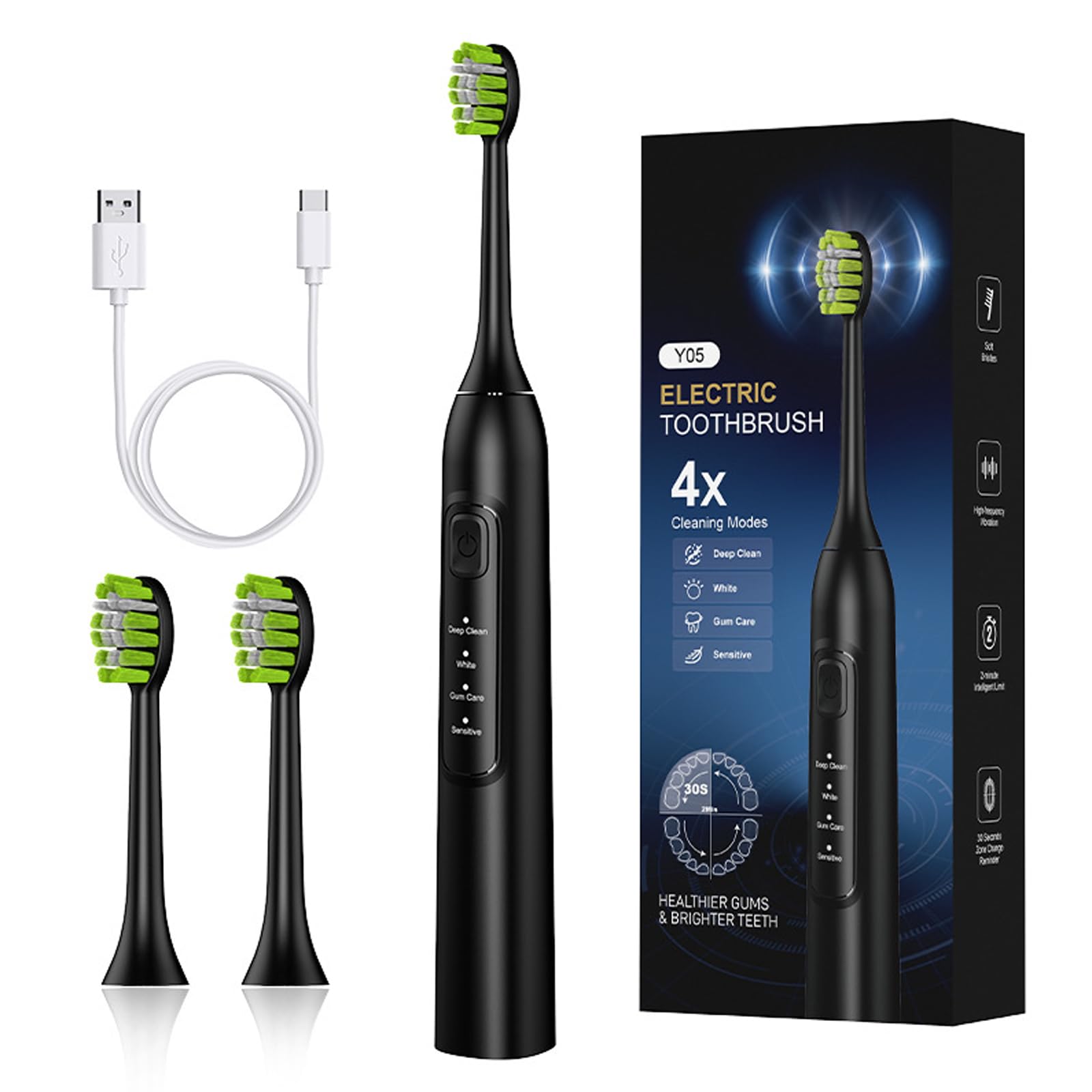 Spazzolino Elettrico Sonico,42000vpm Con 2 Testine,Selezione di 5 Modalità, 1200mah,Durata 120 Giorni,Timer Intelligente Di 2 Minuti,Custodia Per Spazzolino Da Viaggio,Nero/Bianco (Black)