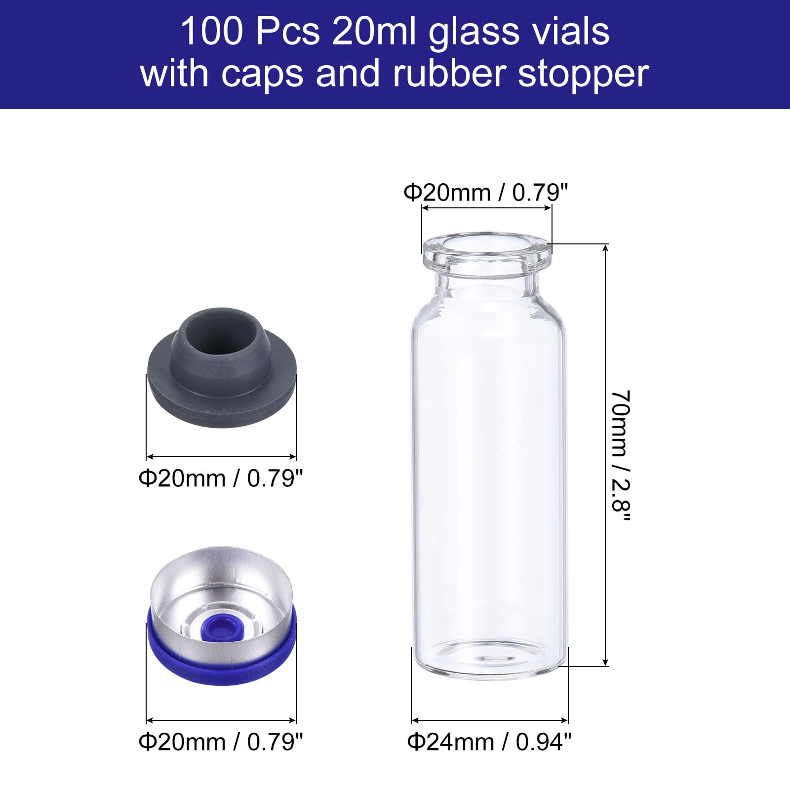 PATIKIL 20ml Frascos de Vidrio Pequeño 100uds Frascos de Muestra Vacíos Mini Transparentes con Tapas de Sellado Tapón de Goma para Laboratorio Inyección Transparentes