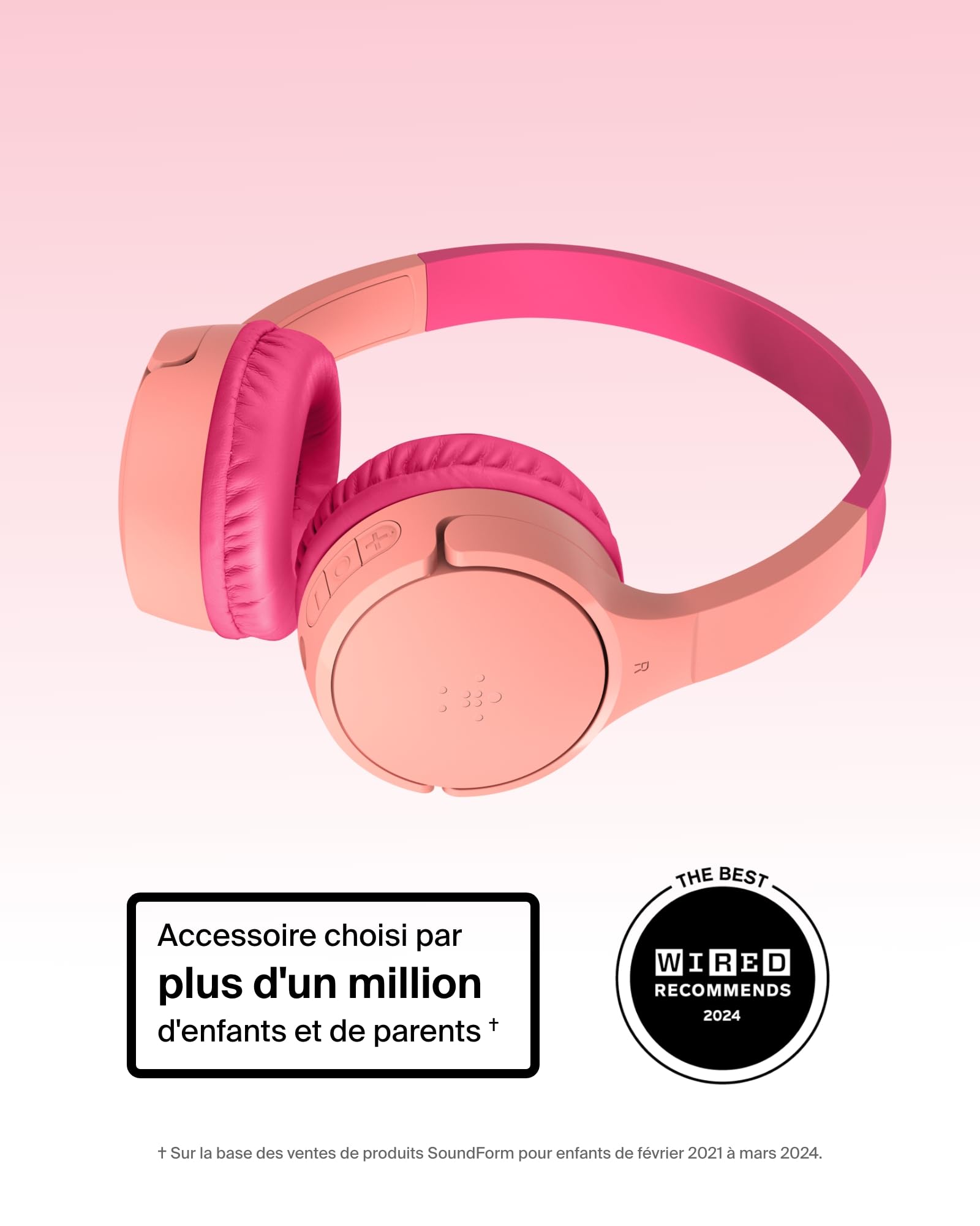 Belkin SoundForm Mini Casque Audio sans Fil pour Enfants avec Micro intégré (Circum-aural, autonomie de 30 h, pour Apprentissage, Voyages, Autocollants Amusants, pour iPhone, iPad, Galaxy) - Rose