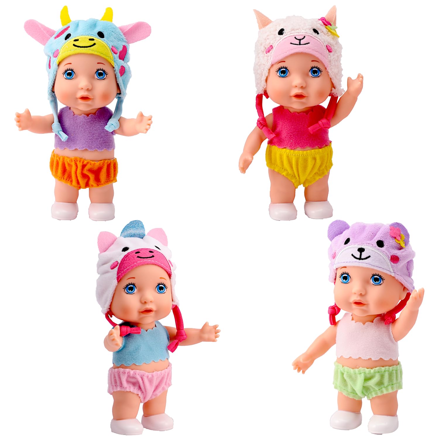 POCO DIVOPOCO DIVO 4pcs Toddler Cherub Dolls with Cartoon Beanie, 6-inch Happy Newborn Infant Toy Kids wear Animal Cap, Cute Baby Boys Girls Hat at Calf Lamb Unicorn Teddy Bear Design