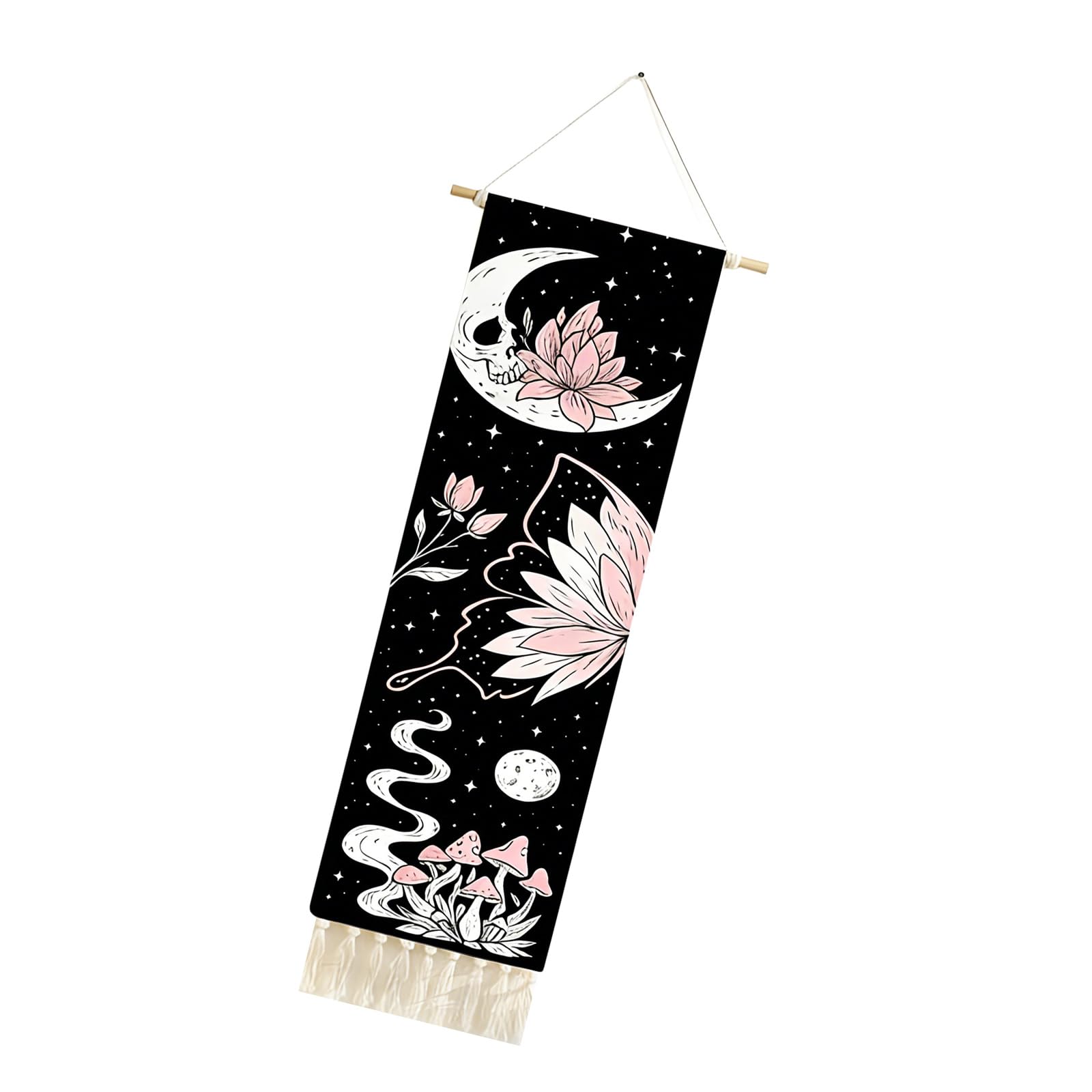 Avejjbaey Unique Artistic Skull and Flower Moons Design Fabric Wall Art Hanging Vertcal Tapestry Decors with Tassels Wall Art