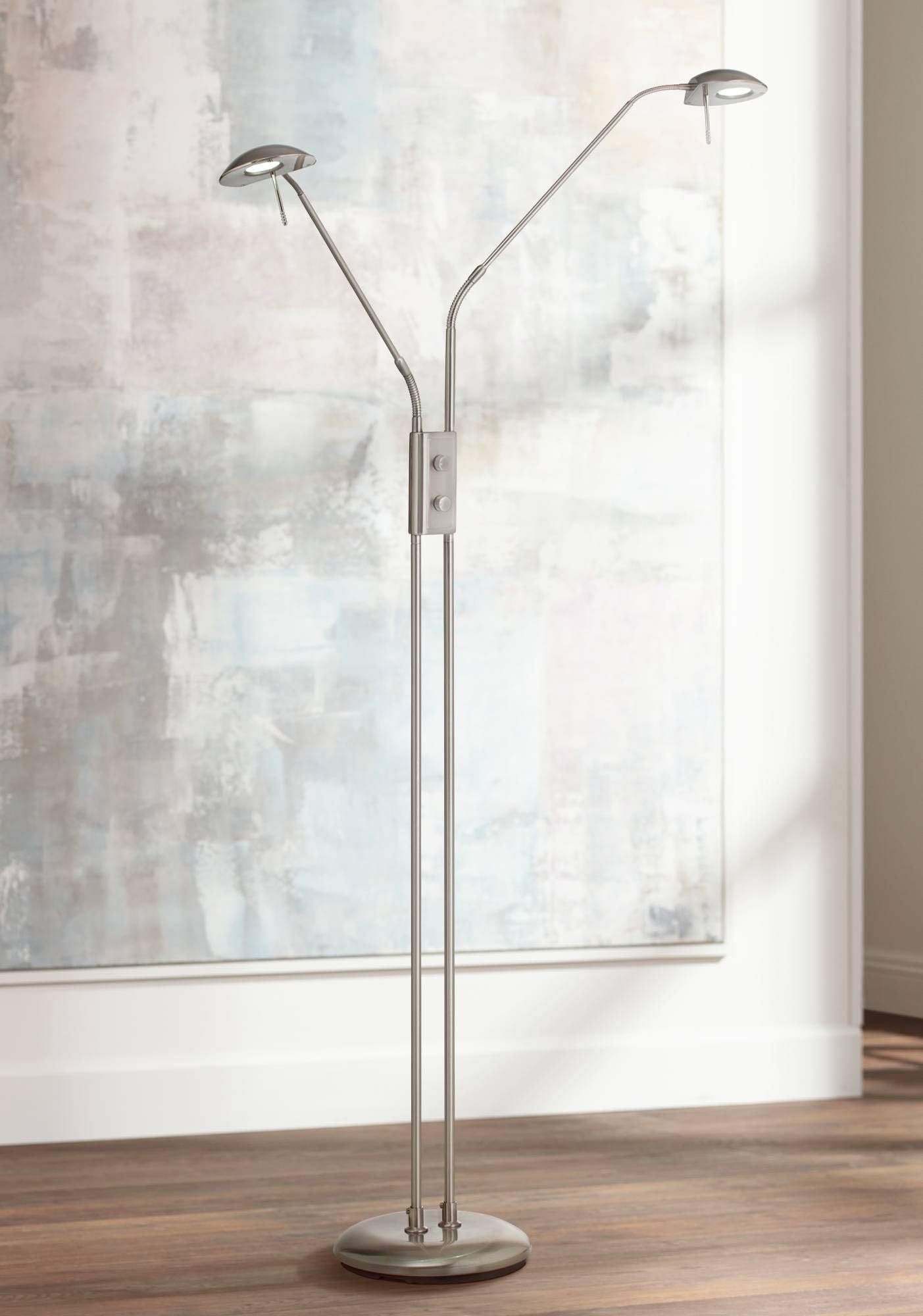 360 Lighting Casper Traditional Farmhouse Pharmacy Floor Lamp Standing LED 2-Light 63" Tall Brushed Nickel Silver Adjustable Arm Swivel Head Dimmer Switch for Living Room Reading House Bedroom Home