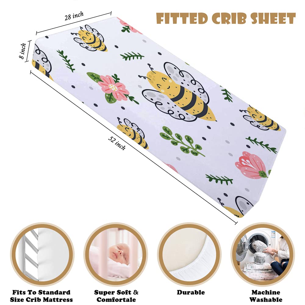 Premium Fit Crib Sheet Standard Crib Mattresses, Cute Bee Floral Elements Abstract Dots Isolated, Super Soft Microfiber Crib Sheet for Baby Safe and Comfortable
