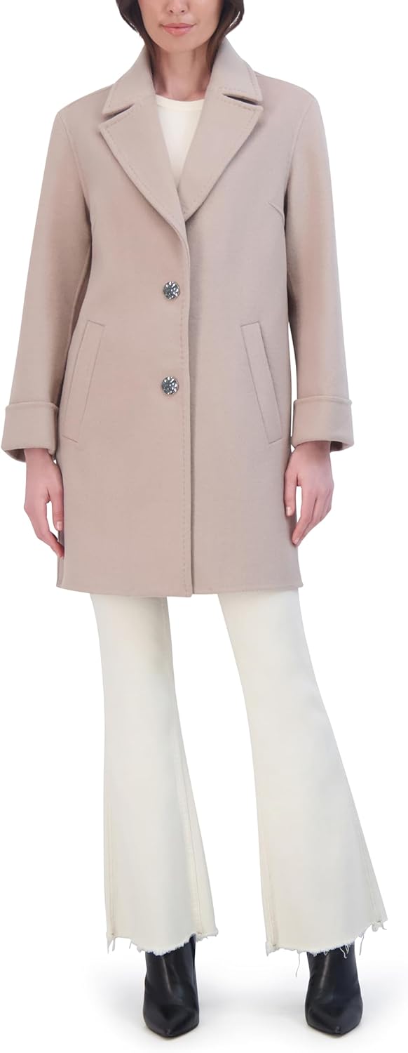 TAHARI womens Relaxed Double-faced Soft Wool Topper Coat With Front Buttons, Roll Cuffs & Pick Stitch Detail - Image 4