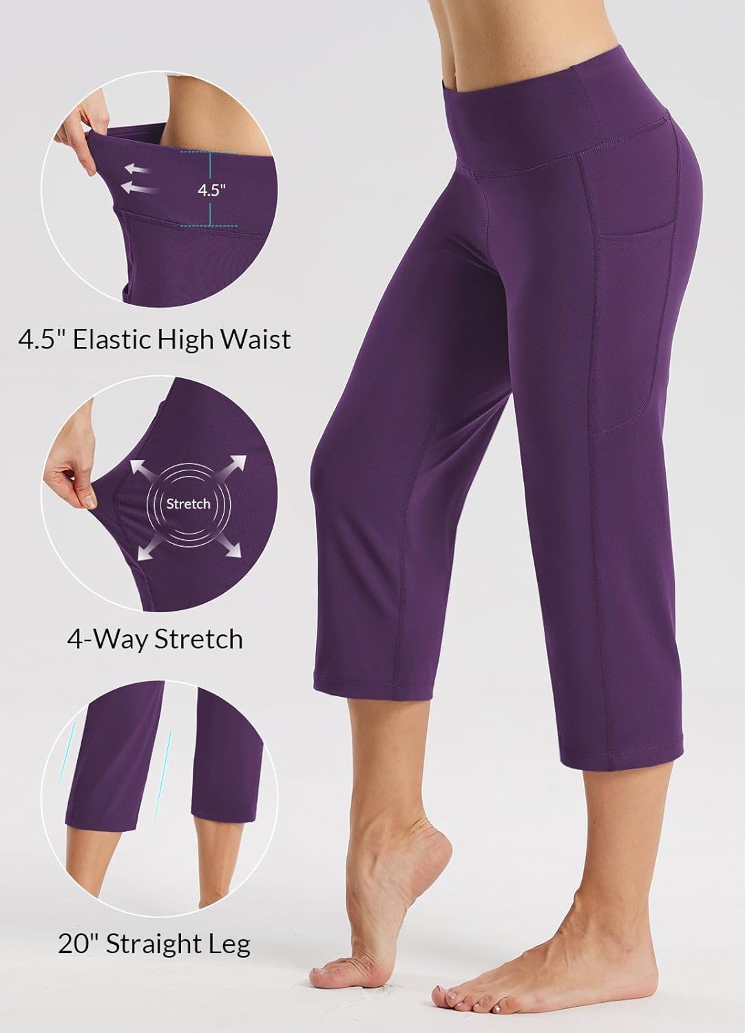 baleaf Womens Capri Pants with Pockets Yoga Capri Leggings High Waist Wide Leg Crop Exercise Workout Summer Pants