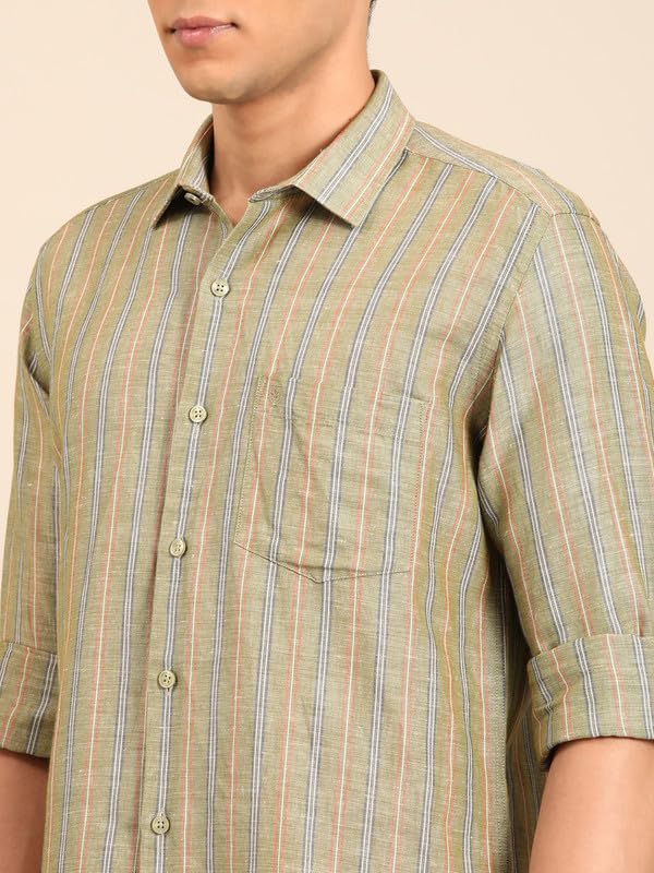 Image of Linen Club Men's Linen Rich Pink Striped Contemporary Fit Full Sleeve Casual Shirt