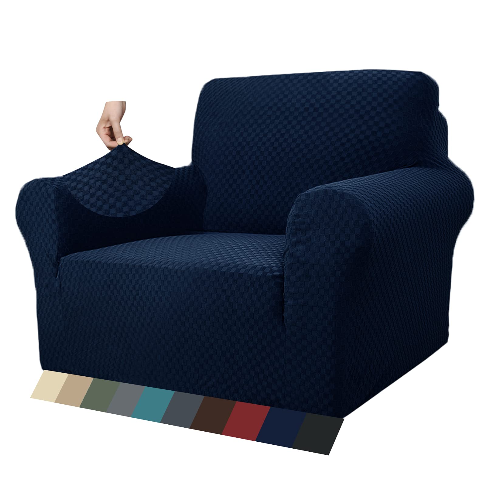 MAXIJIN Newest Jacquard Chair Covers for Living Room, Super Stretch Non Slip Chair Slipcover with Arms Dogs Pet Friendly 1-Piece Elastic Sofa Couch Protector Armchair Cover (1 Seater, Navy Blue)