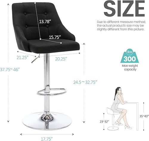 Miniatura 3 de Brage Living Taburete de bar giratorio, altura de mostrador ajustable con respaldo alto, silla de bar tapizada de tela para cocina, comedor, pub,