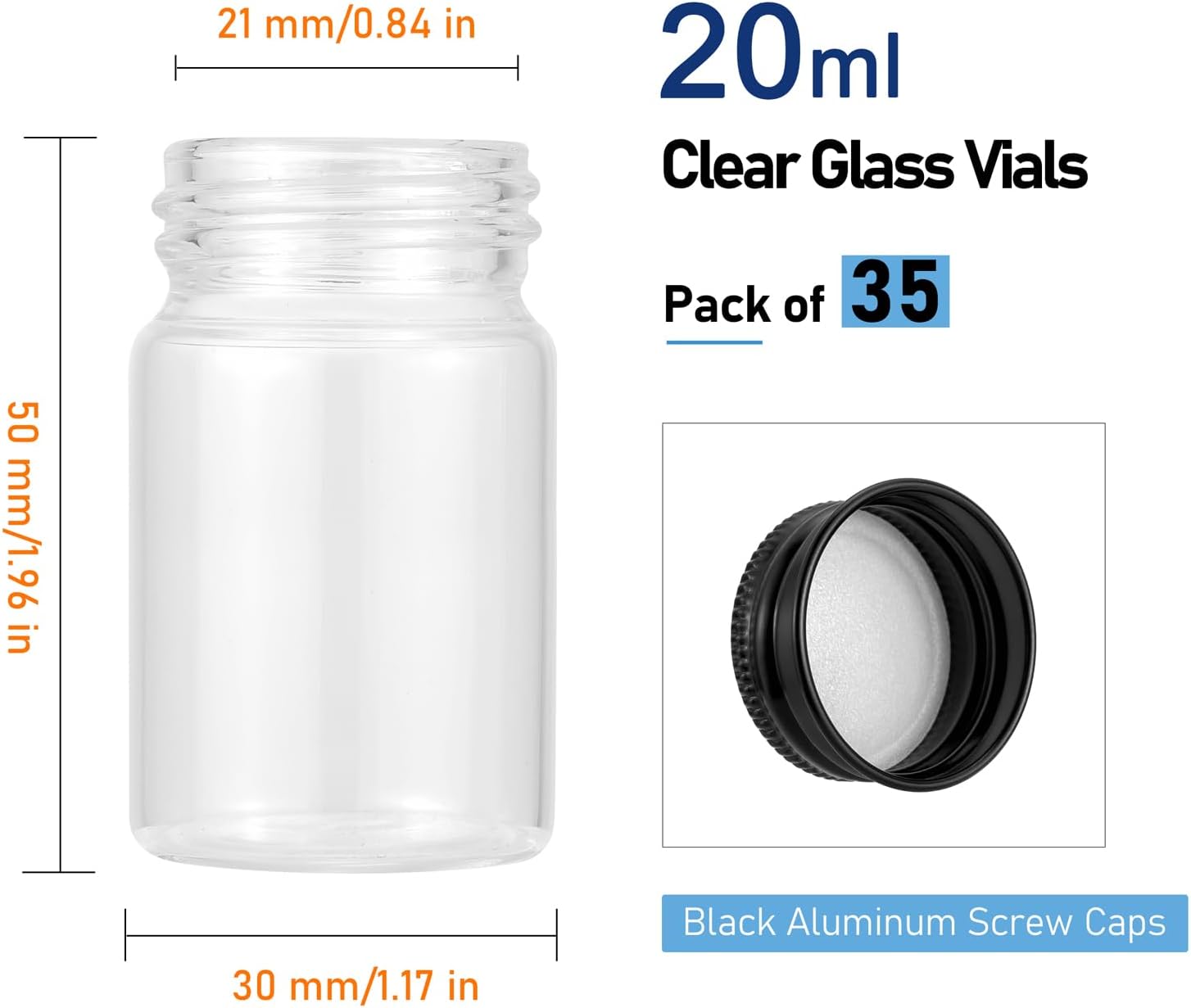 35Pcs 20mL Clear Glass Vials with Black Aluminum Screw Caps | Tiny Jars Empty Refillable Lab Sample Bottles for DIY Crafts Essential Oils Storage Wedding Decoration