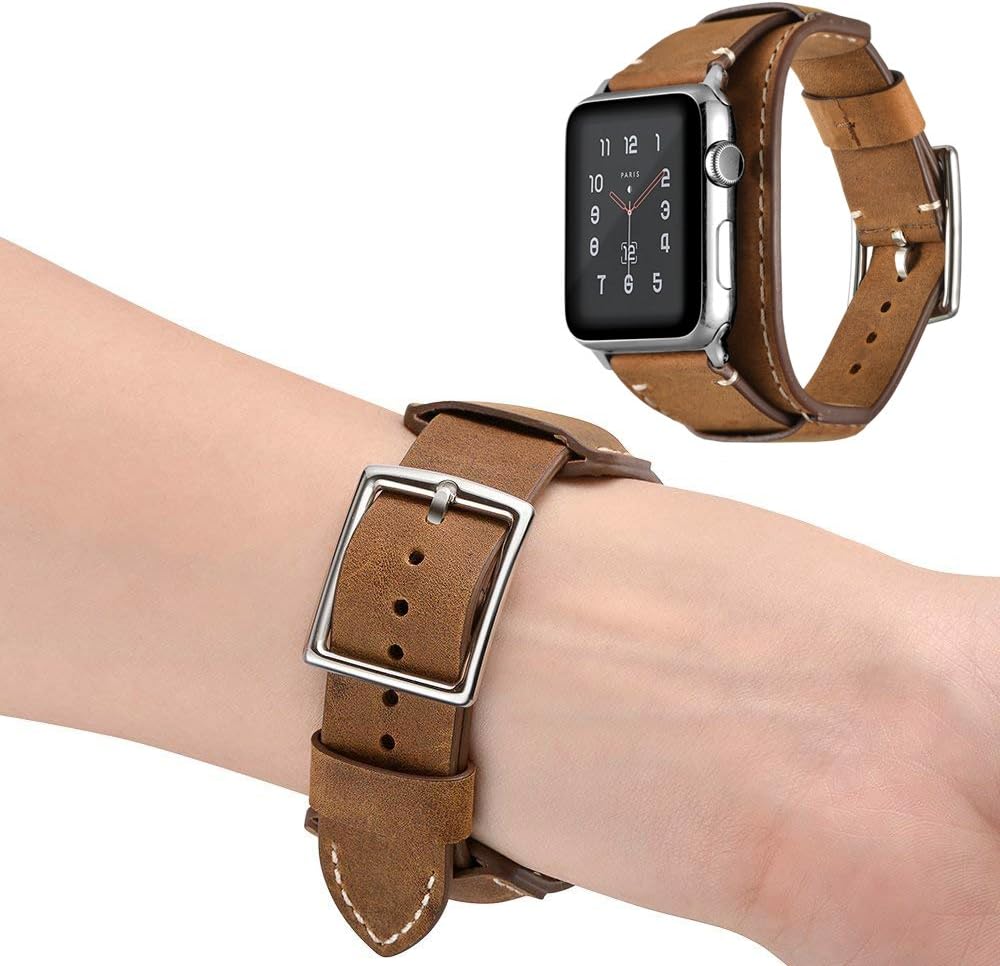 Compatible with Apple Watch Band 49/46/45/44mm/42mm(Series 3 2 1),Genuine Leather Bracelet Wristband Crazy Horse Cuff Strap Compatible iWatch Ultra/Ultra2 Series 10/9/8/7/6/5/4/3/2/1 (Brown)