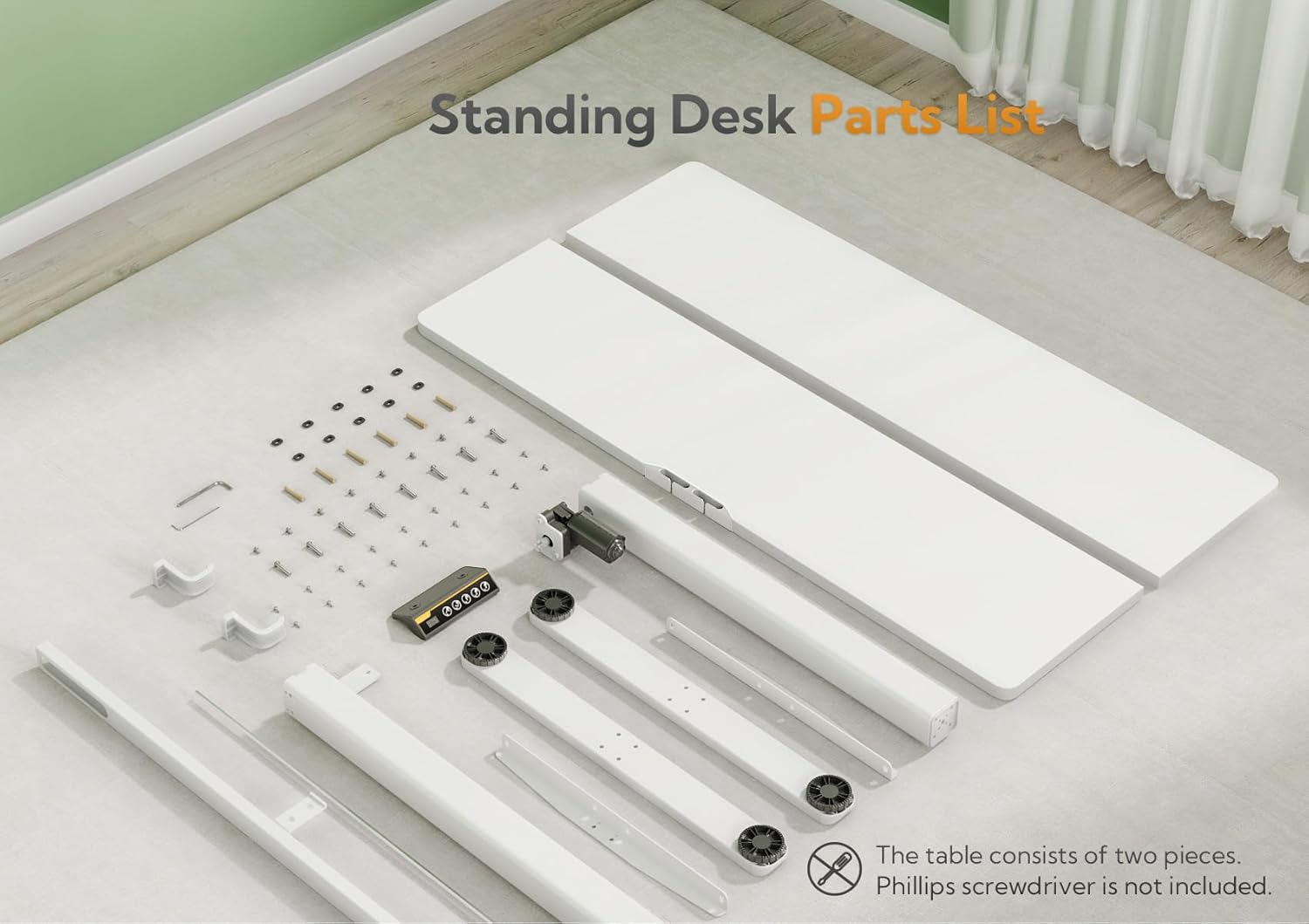 Exploded view of all components included with the Seang Electric Standing Desk for assembly.