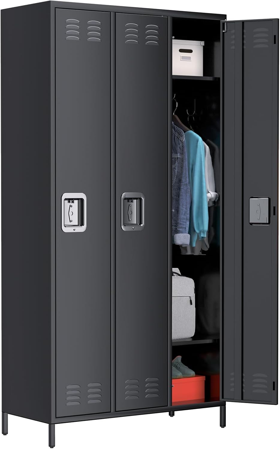 Metal Storage Locker with 3 Doors, Metal Locker for Employees with 9 Hooks for Garage School Office Gym Home, Assembly Required, Black