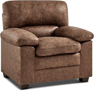 Oxford Faux Leather Armchair, 1 Seater Sofa Chair, Single Seat Accent Chair for Living Room, Easy Wipe Clean, Solid Wood Frame, Walnut Brown | Wipe Clean
