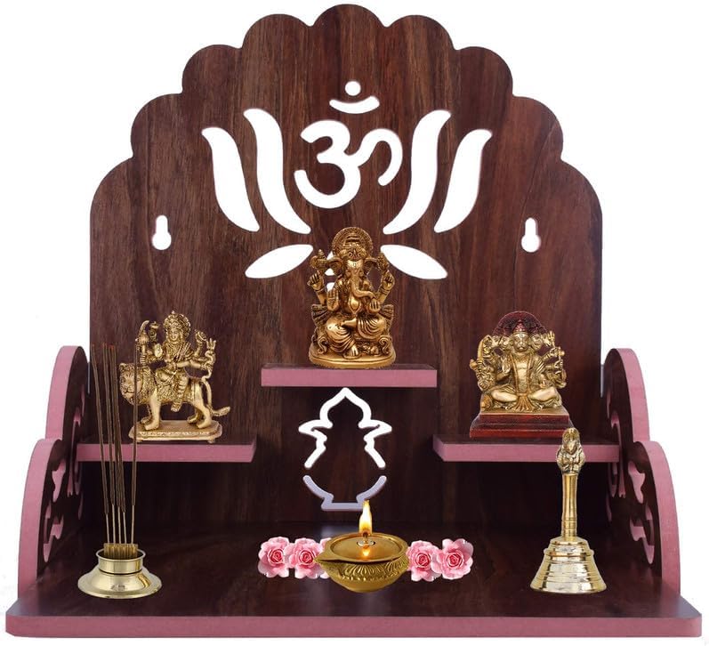 ZUPER Wood Hand Crafted Om with Lotus Pattern Office Temple for Puja Temple for Home and Office I Devghar Puja I Premium Wooden Mandir (Brown-2) (Pack of 1)