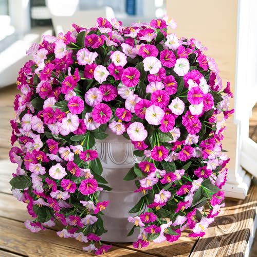 Fake Flowers for Outdoor Decorations, 2 PCS Artificial Silk Morning Glory Trailing Vines Look Real UV Resistant for Porch Planter Patio Decor (Light Fuchsia and Fuchsia)