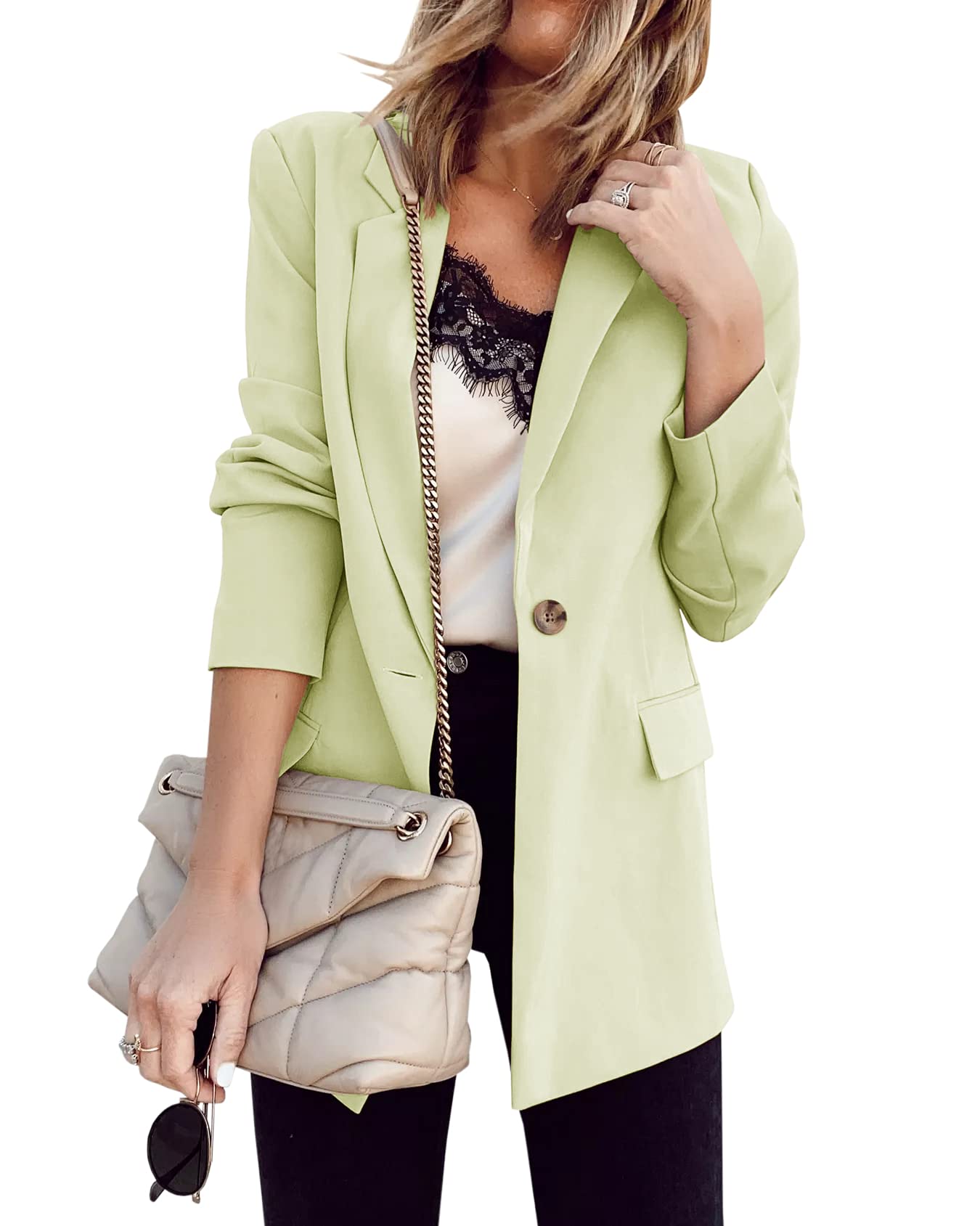 Ivay Women’s Casual Long Sleeve Lapel Button Work Office Blazer Jackets Light Green