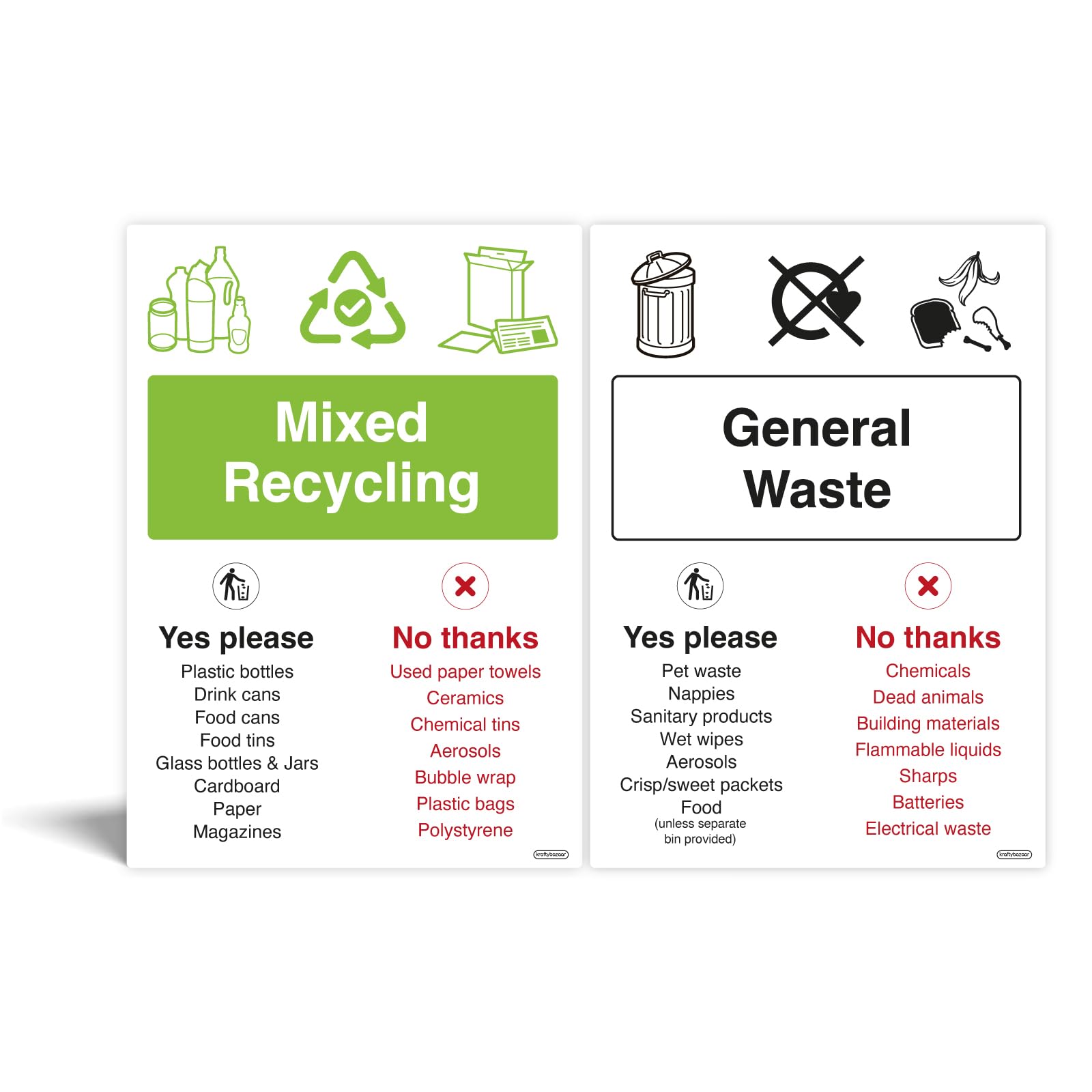 1 Set of Recycling Bin Premium Laminated Signs - A5 210x148mm Waterproof Indoor/Outdoor Stickers - Wheelie Bin Waste Containers Signs - Dry mixed recycling/General Waste stickers