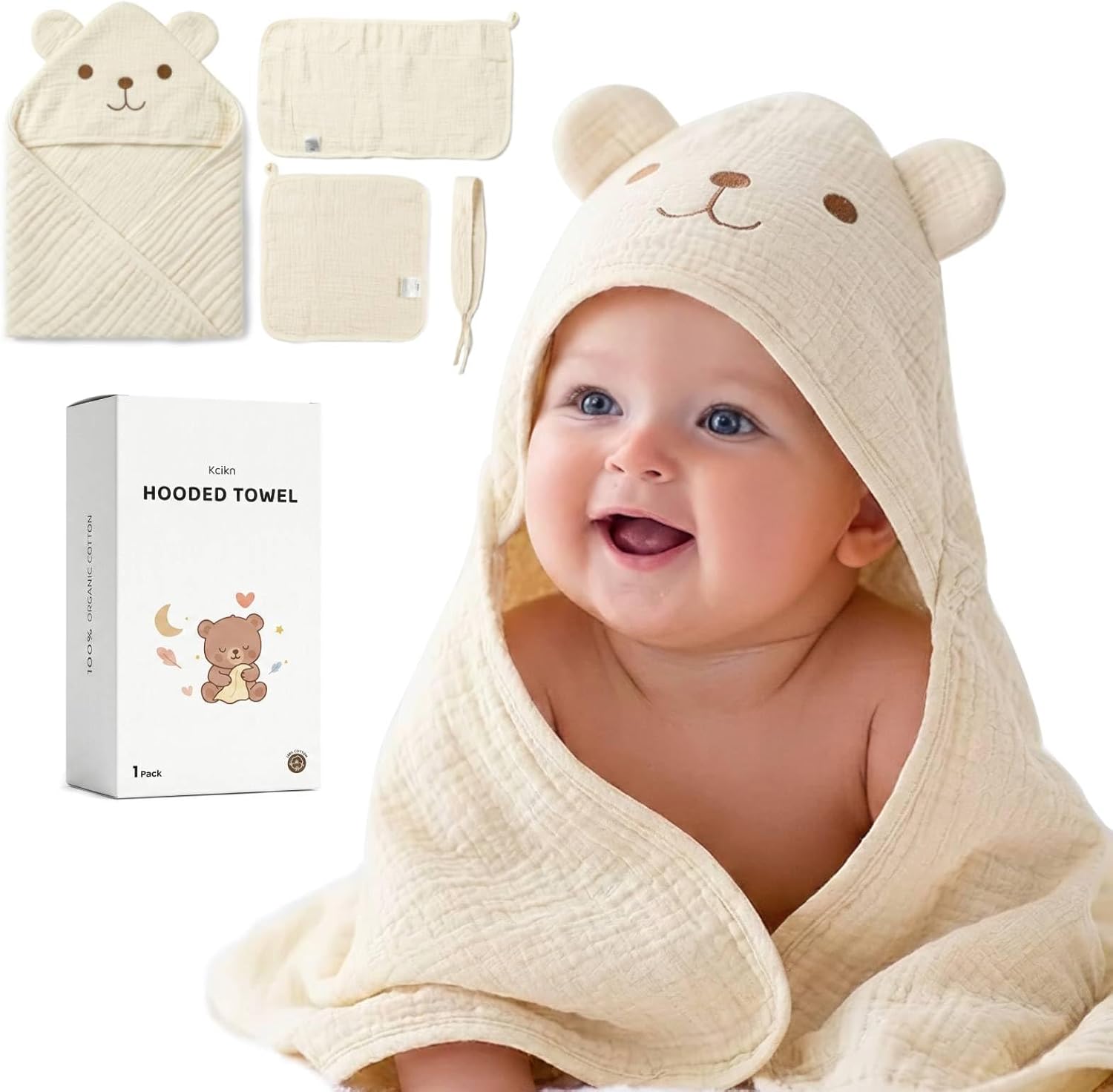 Kcikn Baby Hooded Towels Newborn Set, 100% Cotton Extra Large 32"x32" Toddler Bath Towel with Bear Ear Hood & Burp Cloth & Washcloths – Soft Absorbent for 0-24 Months Baby Boy Girl -Beige