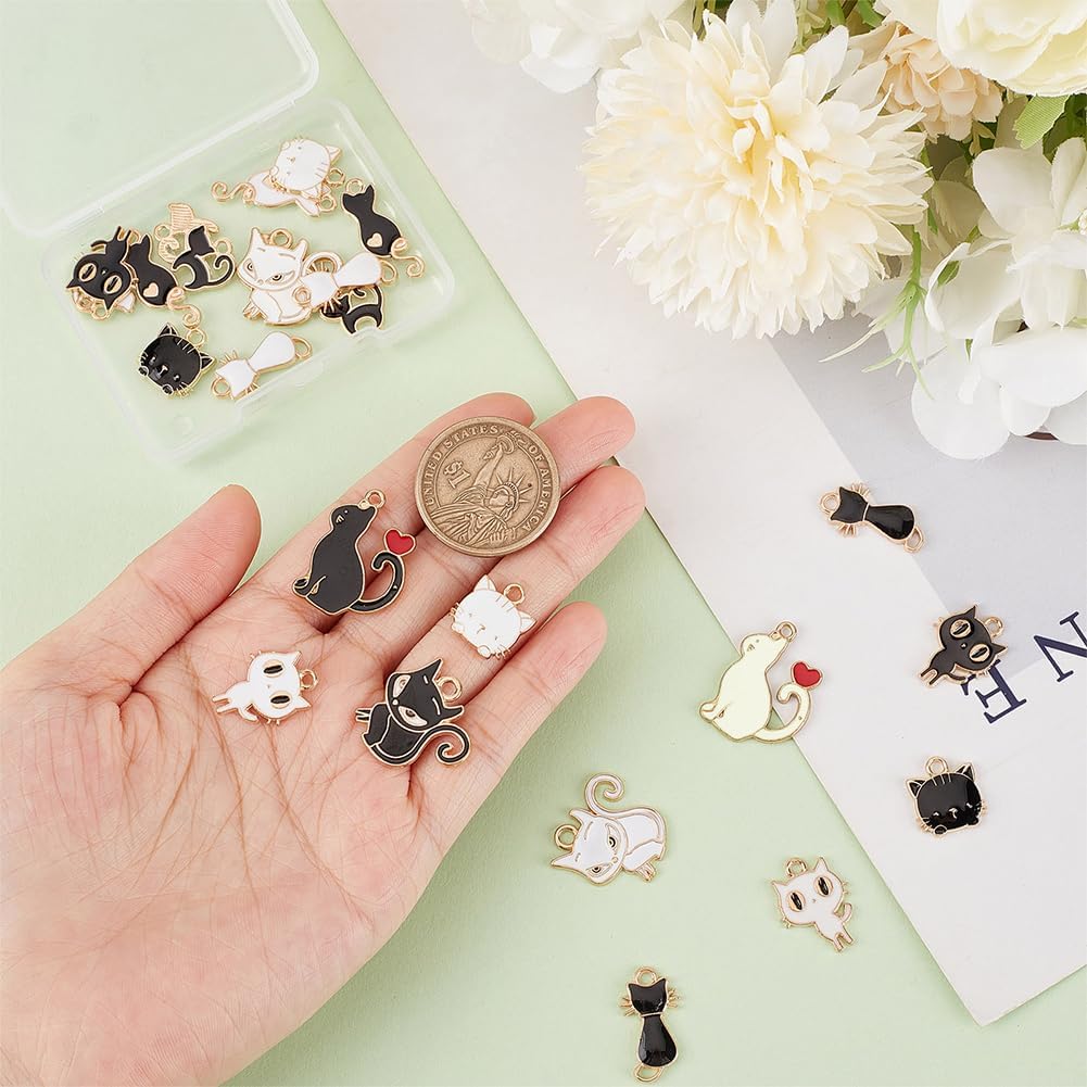 SUNNYCLUE 1 Box 28Pcs 14 Styles Cat Charms Cat Enamel Charms Cute Animal Heart Lovely Kitten Pet Animals Pendants for Jewelry Making Findings DIY Bracelet Necklace Craft Women Adult Black White - Image 3
