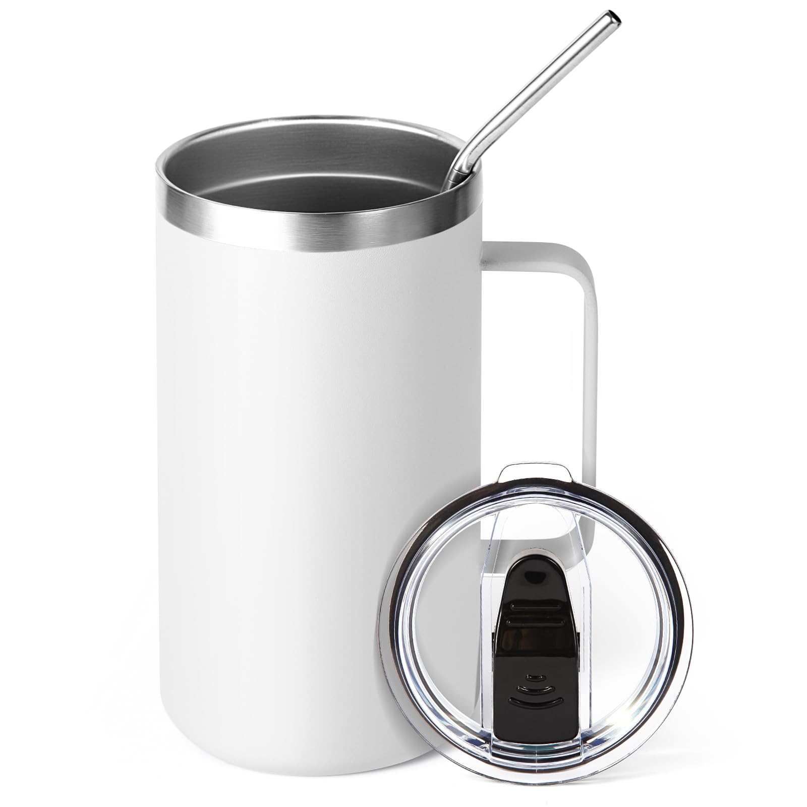 Volhoply 650ml (22oz) Insulated Coffee Mug with Lid and Straw, Stainless Steel Travel Mugs with Handle, Leak Proof Double Wall Coffee Cup for Hot and Cold Drinks (White,1 Pack)
