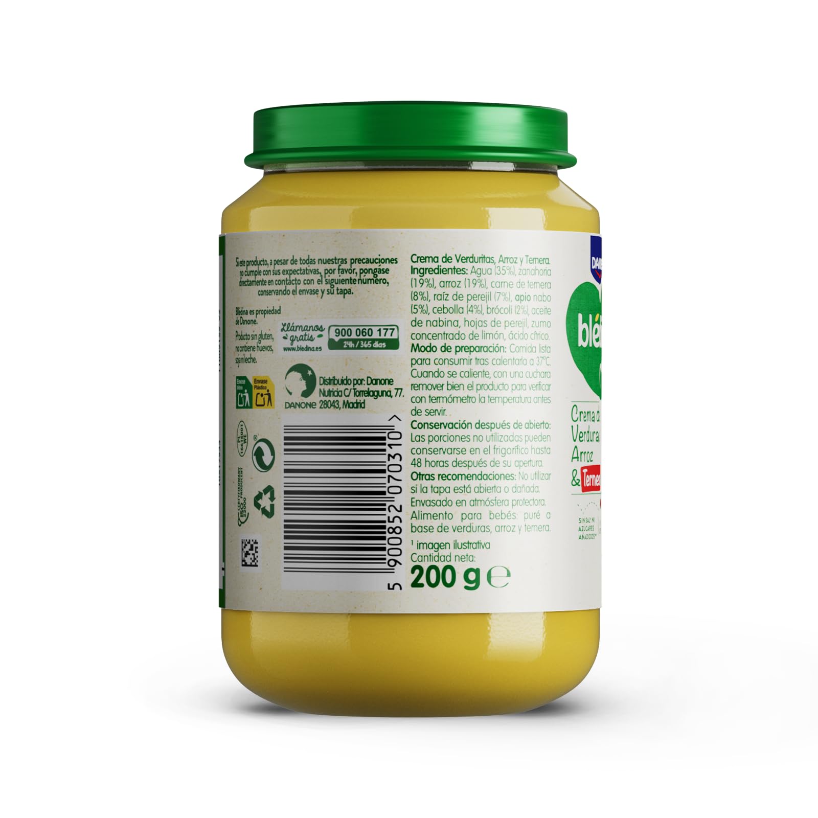 Blédina Tarritos de Crema de Verduras, Arroz y Ternera para Bebé. Tarritos Blédina Sin Sal Ni Azúcares Añadidos y Sin Gluten. Desde los 8 Meses, Pack 6x200g