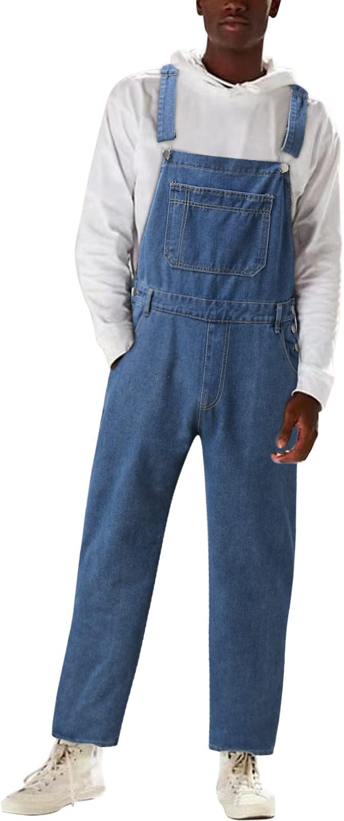 Mens Denim Dungarees Long,Bib and Brace Overalls Casual Retro Adjustable Straps Multiple Pockets Lightweight Wash Jeans Jumpsuit Workwear