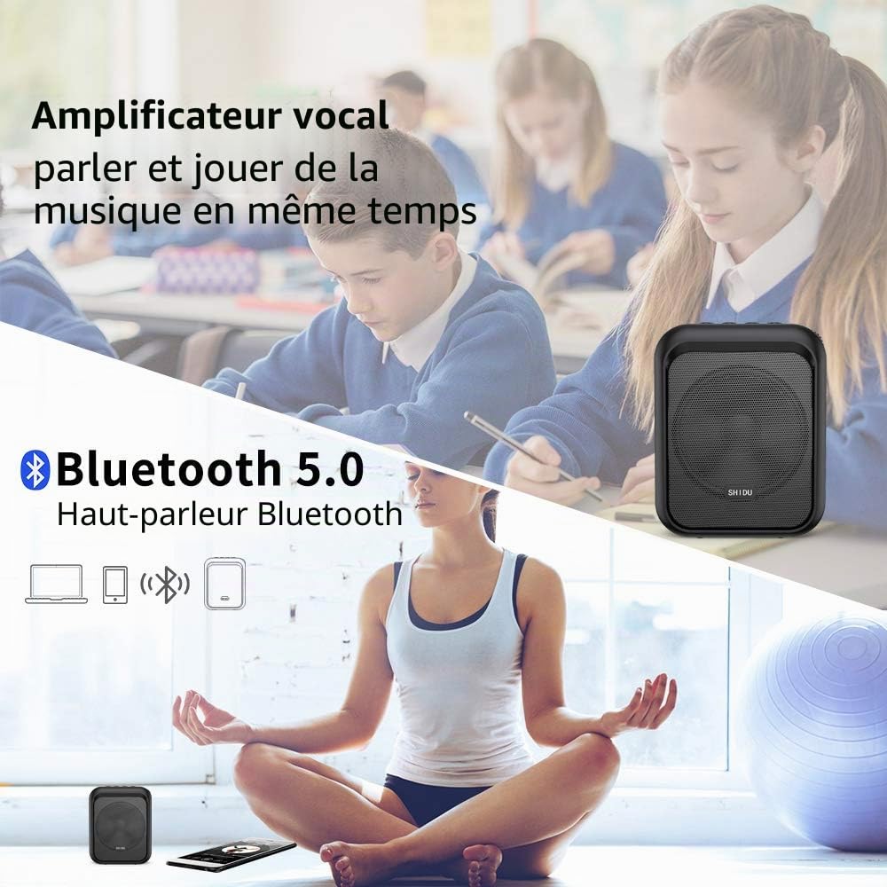 SHIDU mini haut-parleur Bluetooth portable amplificateur vocal avec écouteur sans fil UHF système de sonorisation 10W 1800mAh, chanteur, Conducteur de taxi, formation, guide touristique