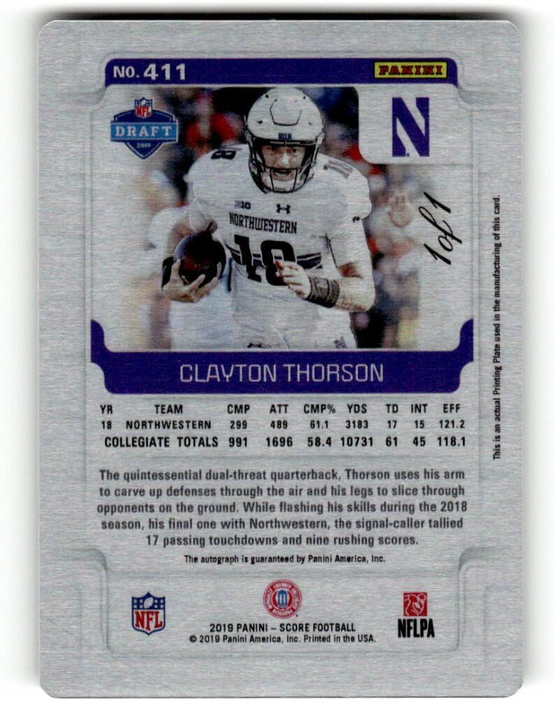 2019 Score Rookies Signature Printing Plate Black #411 Clayton Thorson RC AUTO 1/1 Northwestern Wildcats Football Card