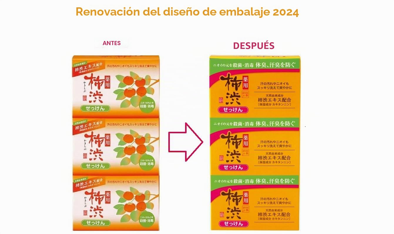 Jabón japonés con tanino caqui Kakishibu, paquete de 3 barras total 330 g, 334692
