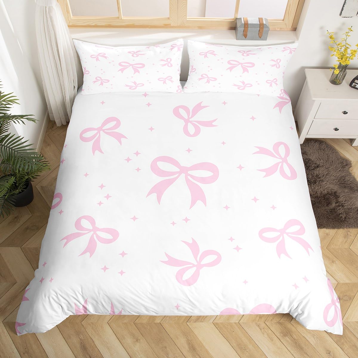 Homewish Kawaii Bowknot poszewka na kołdrę, księżniczka kokarda poszewka na kołdrę super king dla dzieci chłopców dziewcząt, kreskówka gwiazdy kokardki zestaw pościeli, fantazyjna kokarda zestaw
