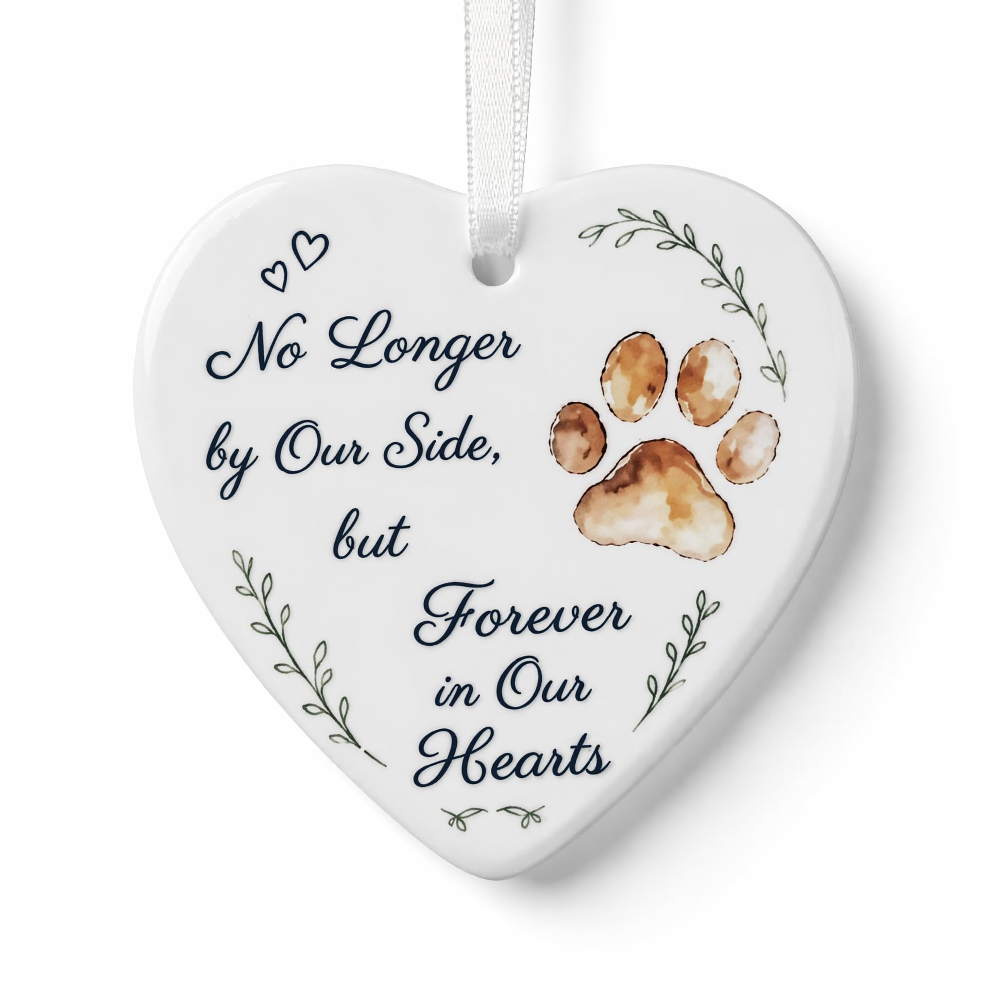 No Longer by Our Side But Forever in Our Hearts Pet Memorial Ceramic Heart Ornament, Paw Print Pet Loss Bereavement Gift, 7.5×7.5cm Remembrance Keepsake Plaque for Dog & Cat