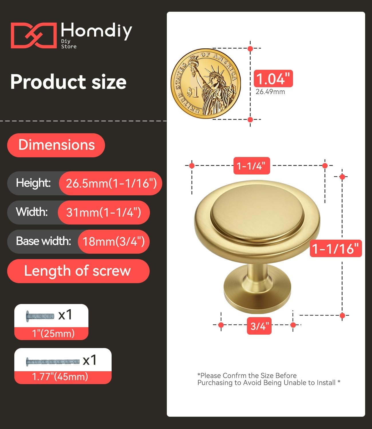 homdiy 10 Pack Gold Cabinet Knobs Zinc Alloy Kitchen Knobs, Gold Pulls for Cabinets and Drawers, Closet Door Knobs