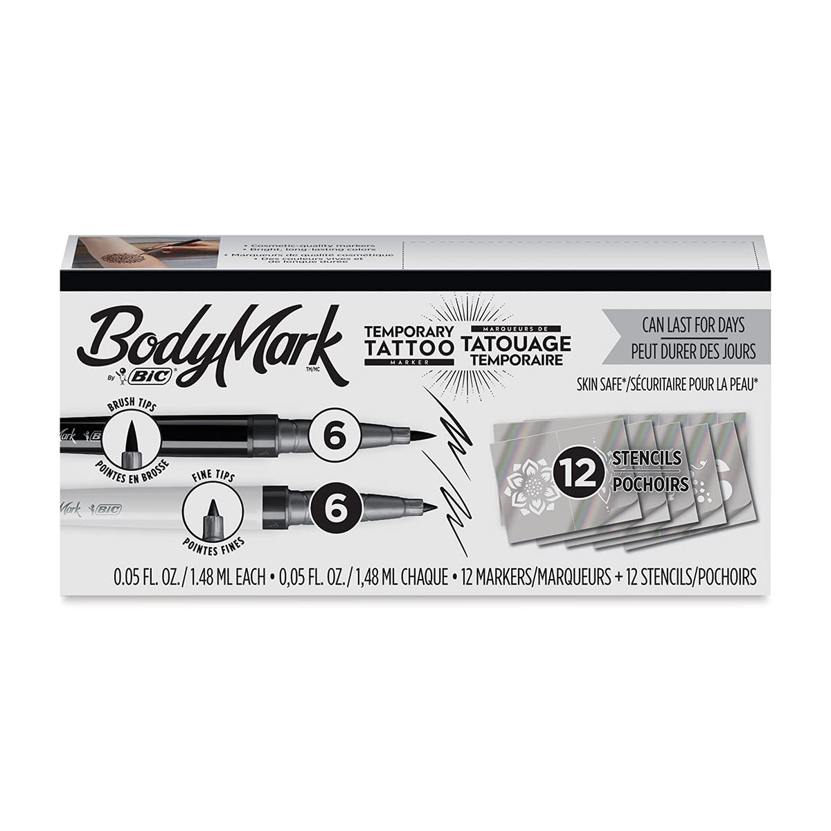 Buy BodyMark BIC Temporary Tattoo Markers for Skin, Black, Mixed Tip