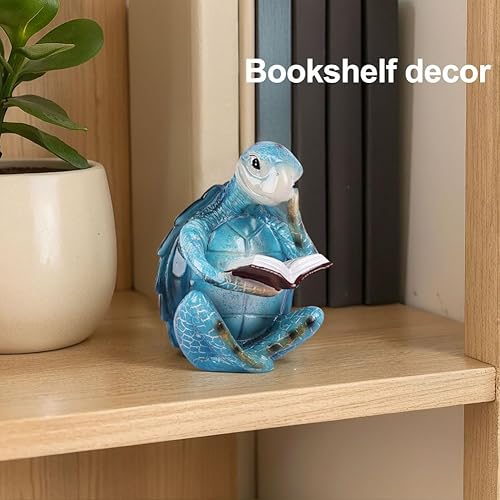 Miniatura 3 de Figuras de tortuga de lectura para decoración costera de playa, decoración náutica del océano, resina verde azulado, mini estatua de tortuga para