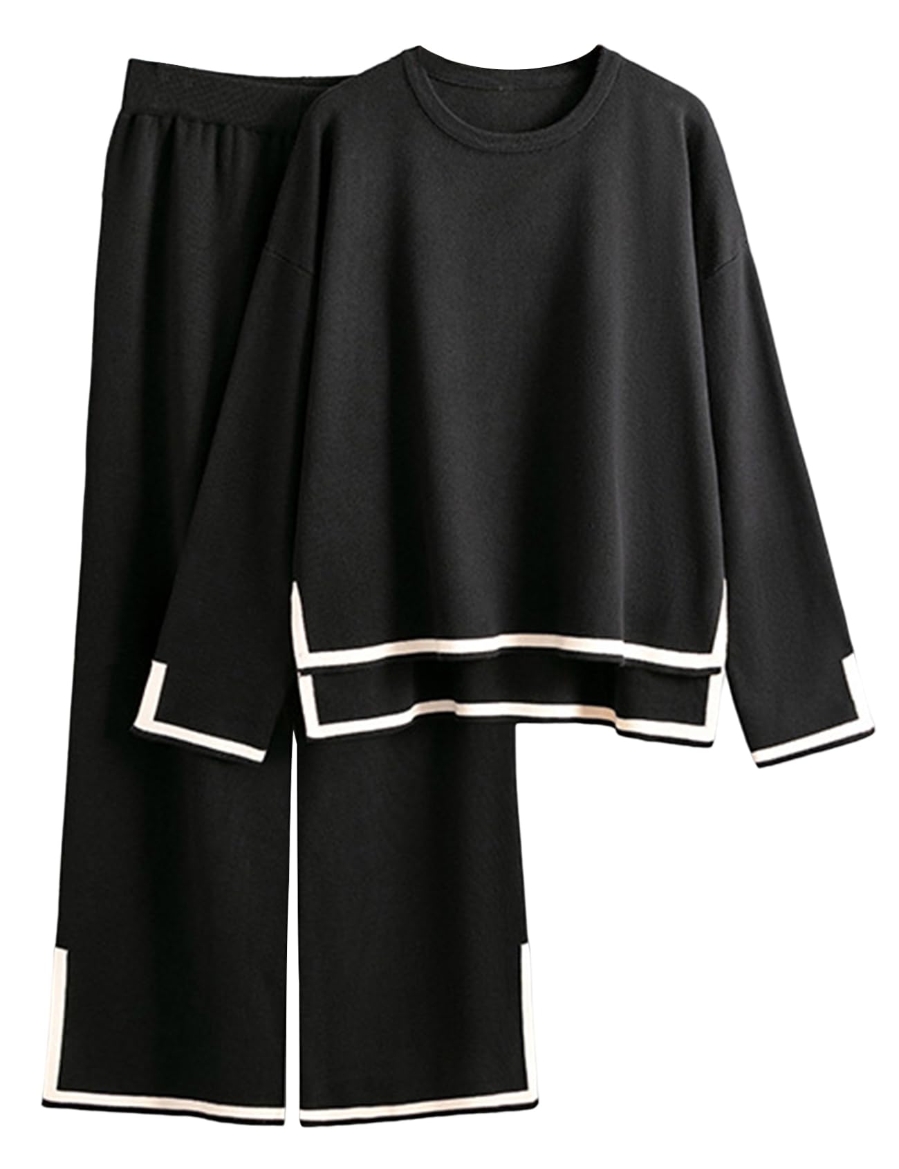Rxozrxoz Damen-Pullover-Set, langärmelig, Strickpullover, Oberteile, weites Bein, Hose, 2-teiliges Outfit, Lounge-Sets