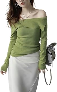 AYAZER Slant Collar Solid Color Long-Sleeved Ruffled Women's Knitted Pullover Sweater Spring and Autumn Ruffled Sweater for Women