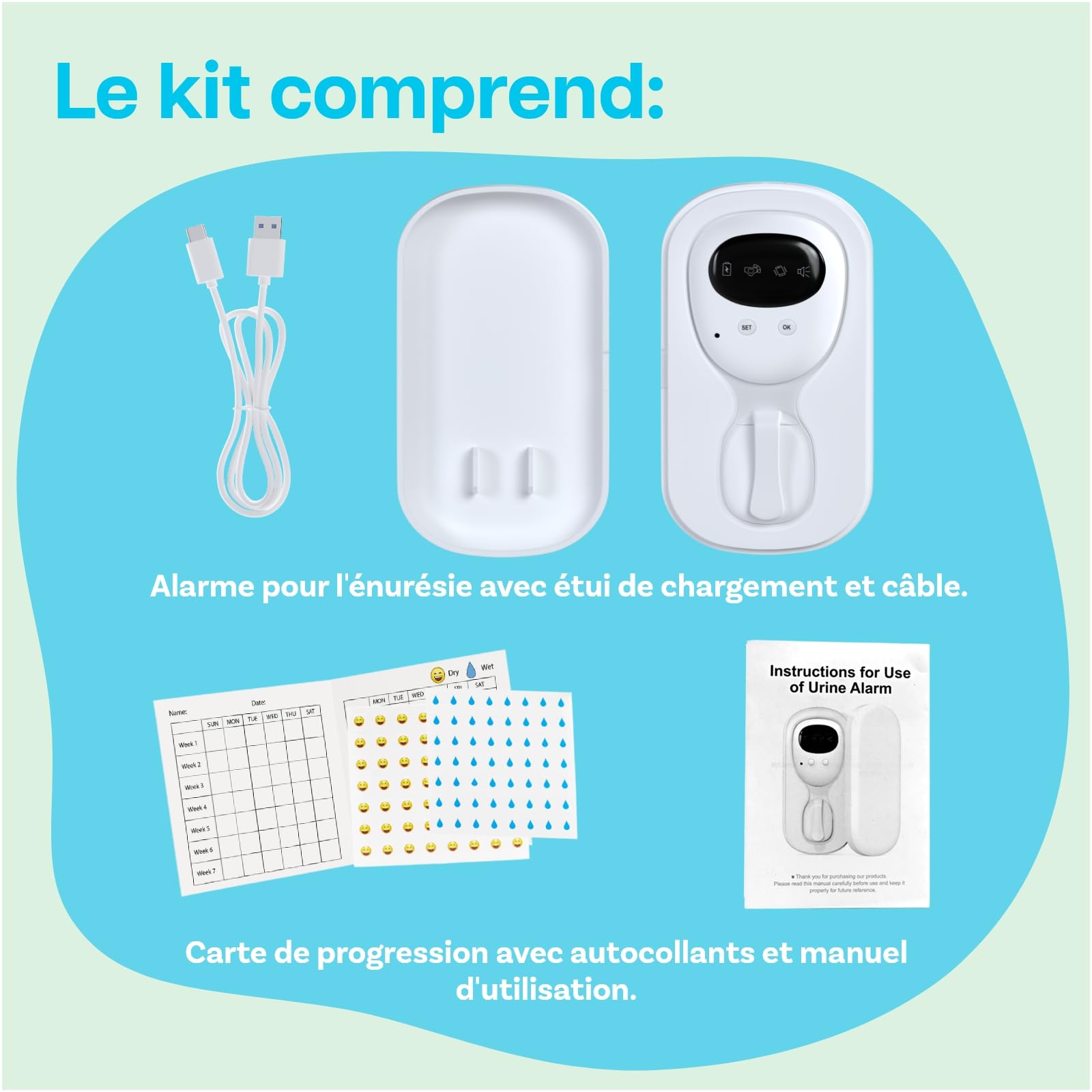 Alarme Sans Fil pour Énurésie Nocturne par MMOBIEL – Alarme Pipi Rechargeable avec Sons & Vibrations pour Enfants et Adultes – Détecteur l'Apprentissage de la Propreté - Alerte d’Énurésie Sans Fil