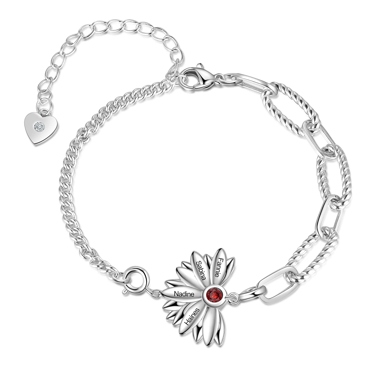 Pulsera personalizada para mujer, pulsera de plata 925 con piedra natal ajustable de girasol grabado con 2 nombres, joyería de Navidad, regalos para mamá o novia, cumpleaños, Cubic Zirconia,