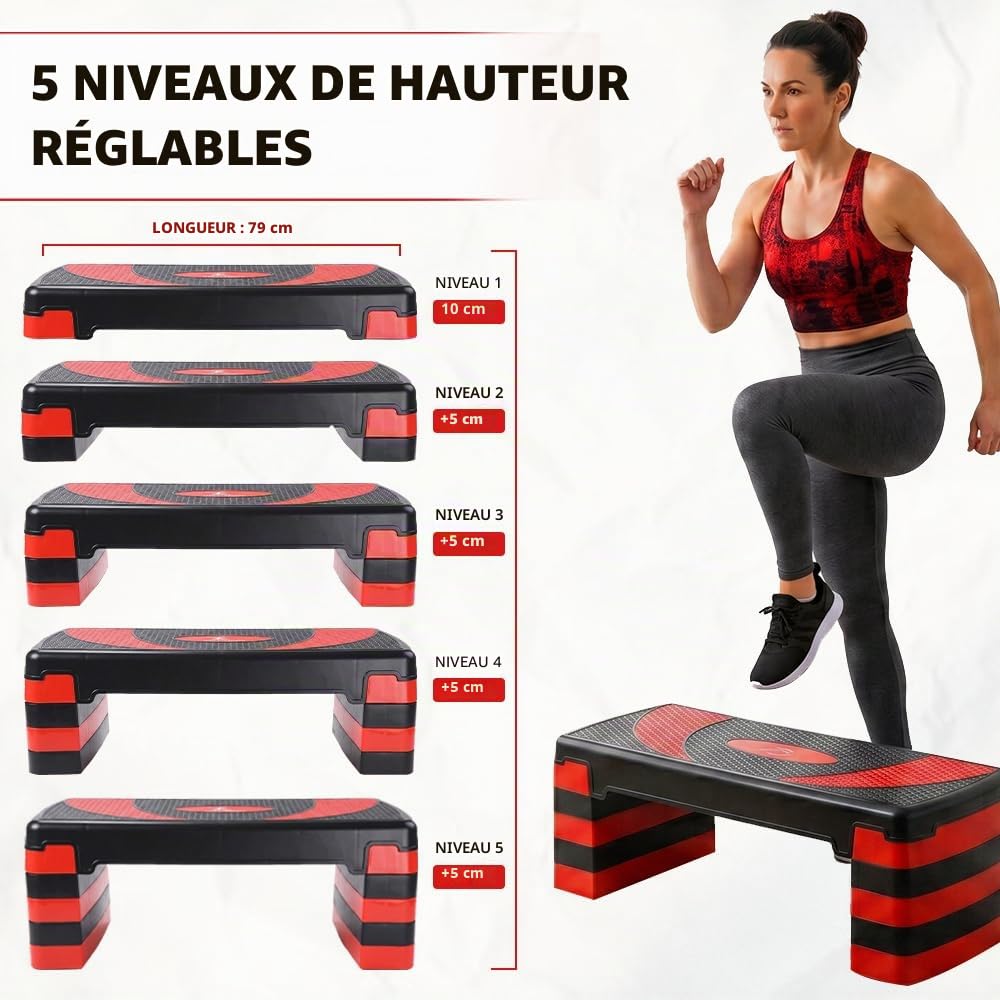MAXSTRENGTH Stepper de fitness pour exercice d'entraînement 5 niveaux de hauteur réglables 10 cm, 15 cm, 20 cm, 25 cm, 30 cm, plate-forme antidérapante pour exercices d'aérobic, d'endurance, de