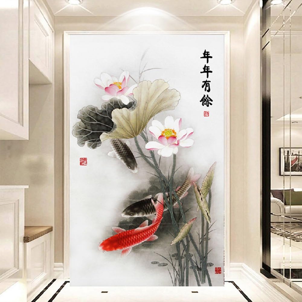Diamond painting pour Mural Décoration Strass Broderie Complet Diamant Peinture Kit 5D DIY Adultes Point De Croix Art Peinture à l'encre de Chine représentant un lotus koï,Diamant carré 90x240cm