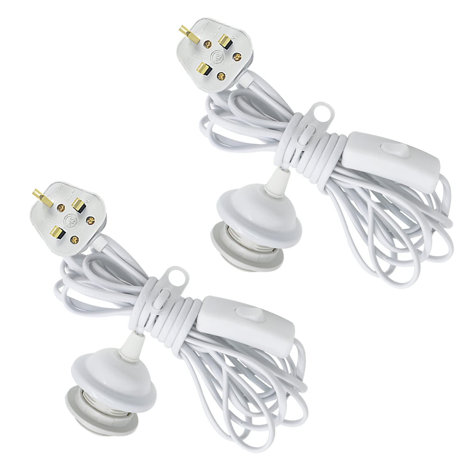 Crzpchas Plug in Pendant Light, 2Pcs E27 lamp Holder, Hanging Light with Plug, White Pendant Light, Plug in Pendant Lighting with 450cm Cord and Switch, Pendant Lamp Kit Extension for Lampshade