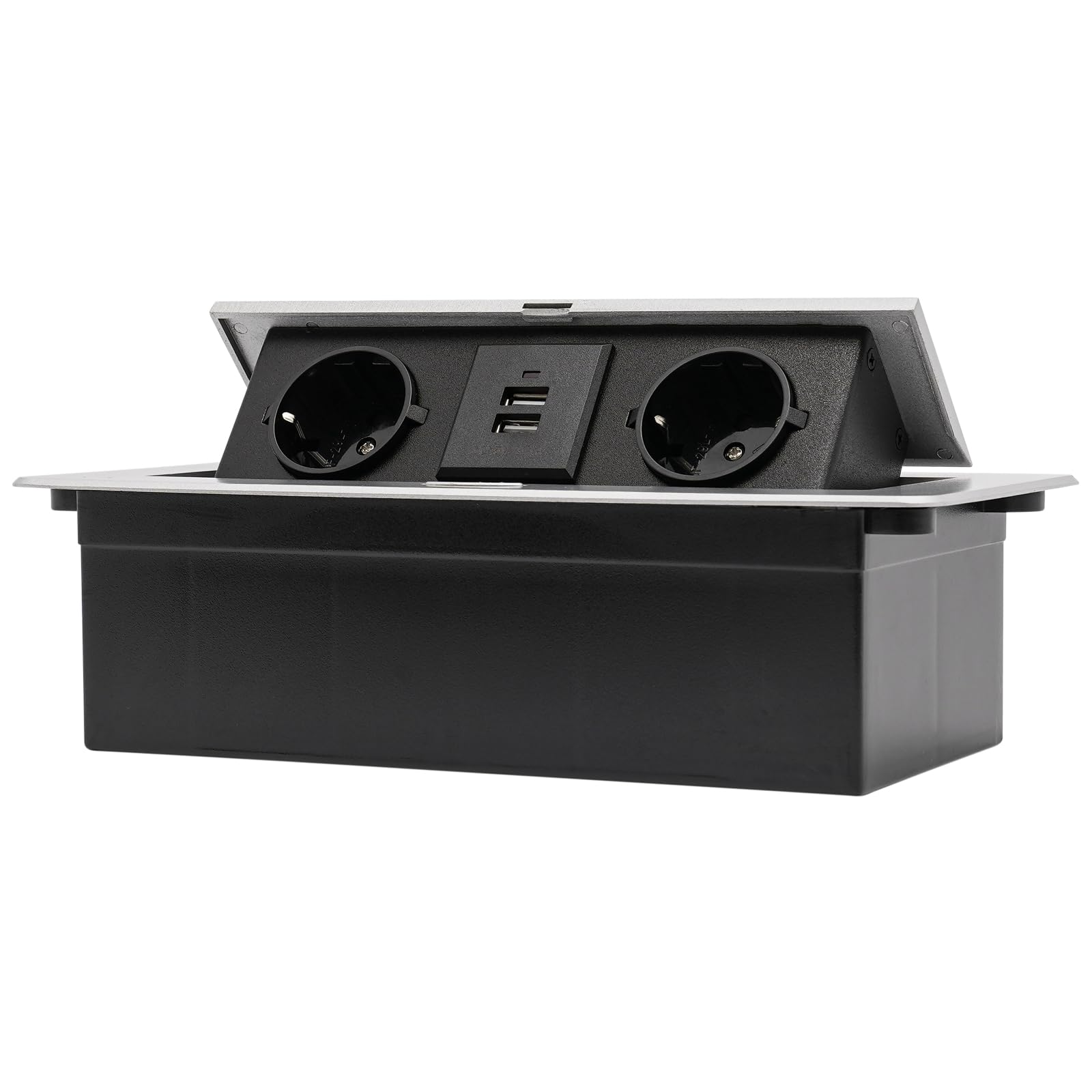 Enchufe empotrable retráctil de 2 enchufes con 2 USB, lista de enchufes empotrable, encimera con tapa, plegable, para cocina, escritorio, banco de trabajo (plata)